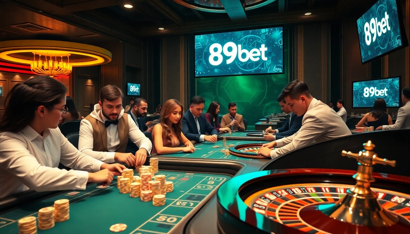 Gamblers at an upscale casino enjoying poker and roulette with 89bet branding.