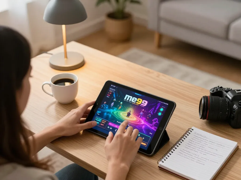 Playing casino games on the me99 app at home with warm lighting and notepad.