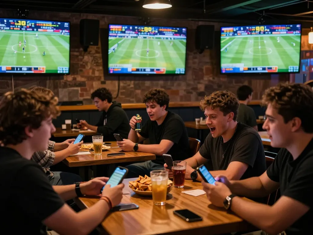 ONE88 patrons excitedly engaging in sports betting at a lively bar with high-definition screens.