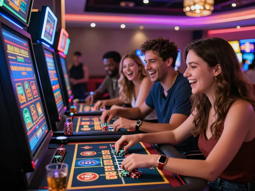 Engaging casino not on gamstop atmosphere with players immersed in gaming excitement at digital tables.