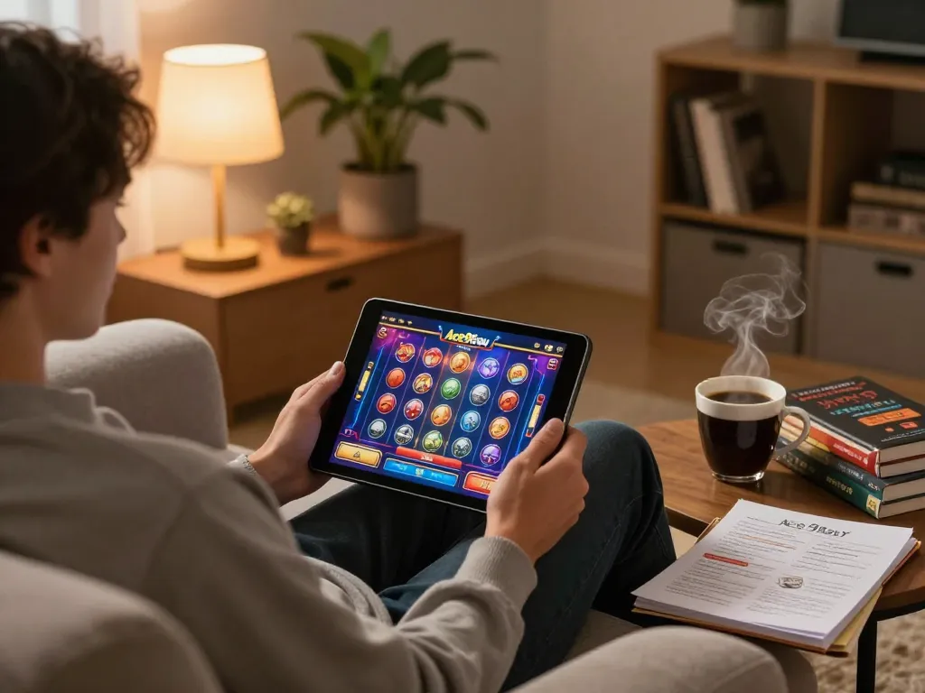 A player enjoying online slots on Ace96au in a cozy home setting with a tablet and strategy notes.