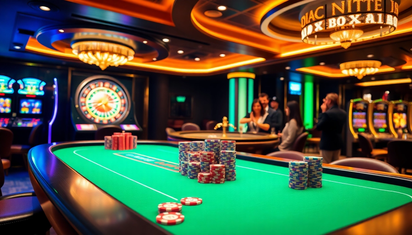 Experience the thrilling atmosphere of Daga casino, filled with poker chips and roulette wheels.