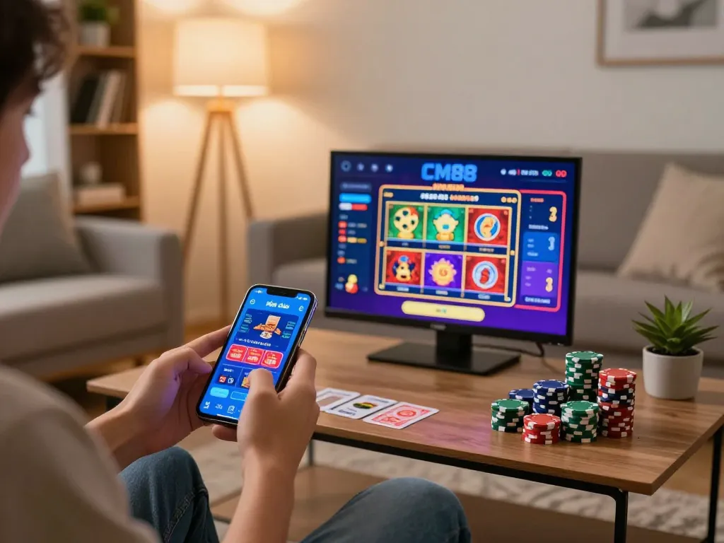 Player using smartphone to engage with nhà cái CM88 mobile casino app in a cozy home setting, highlighting online gaming.