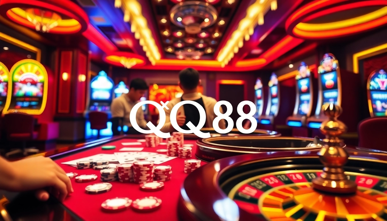 Players celebrate a big win at QQ88 casino table with vibrant poker chips and cards.