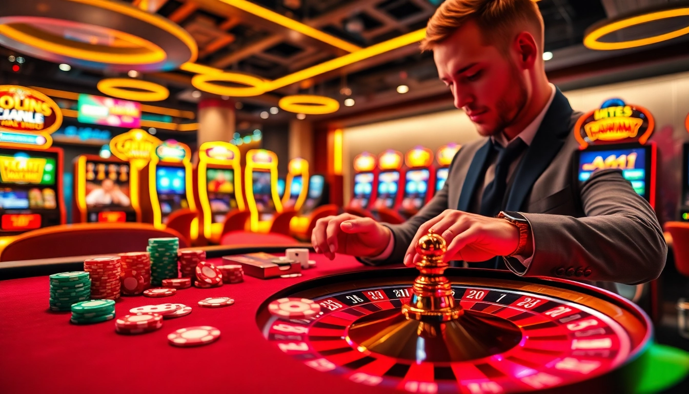 Engaging poker game action with https://hm88.cafe/ featuring vibrant casino chips, cards, and live betting interface