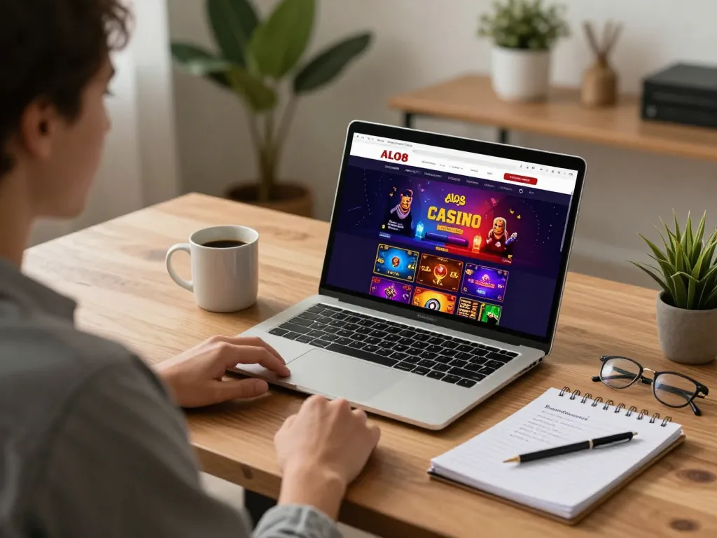Player engaging with the ALO8 online casino website on a laptop, showcasing a strategic gaming environment.