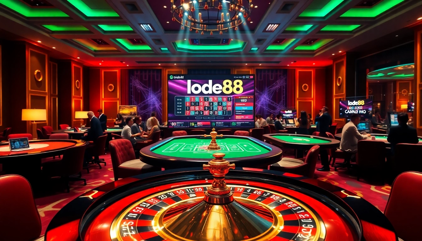 Featuring lode88, this vibrant casino scene showcases an engaging roulette table and poker chips.