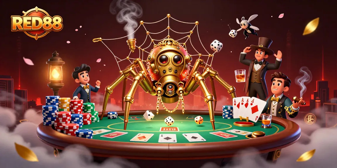 Experience a thrilling poker scene with RED88 as a golden spider ensnares dice in a lavish web.