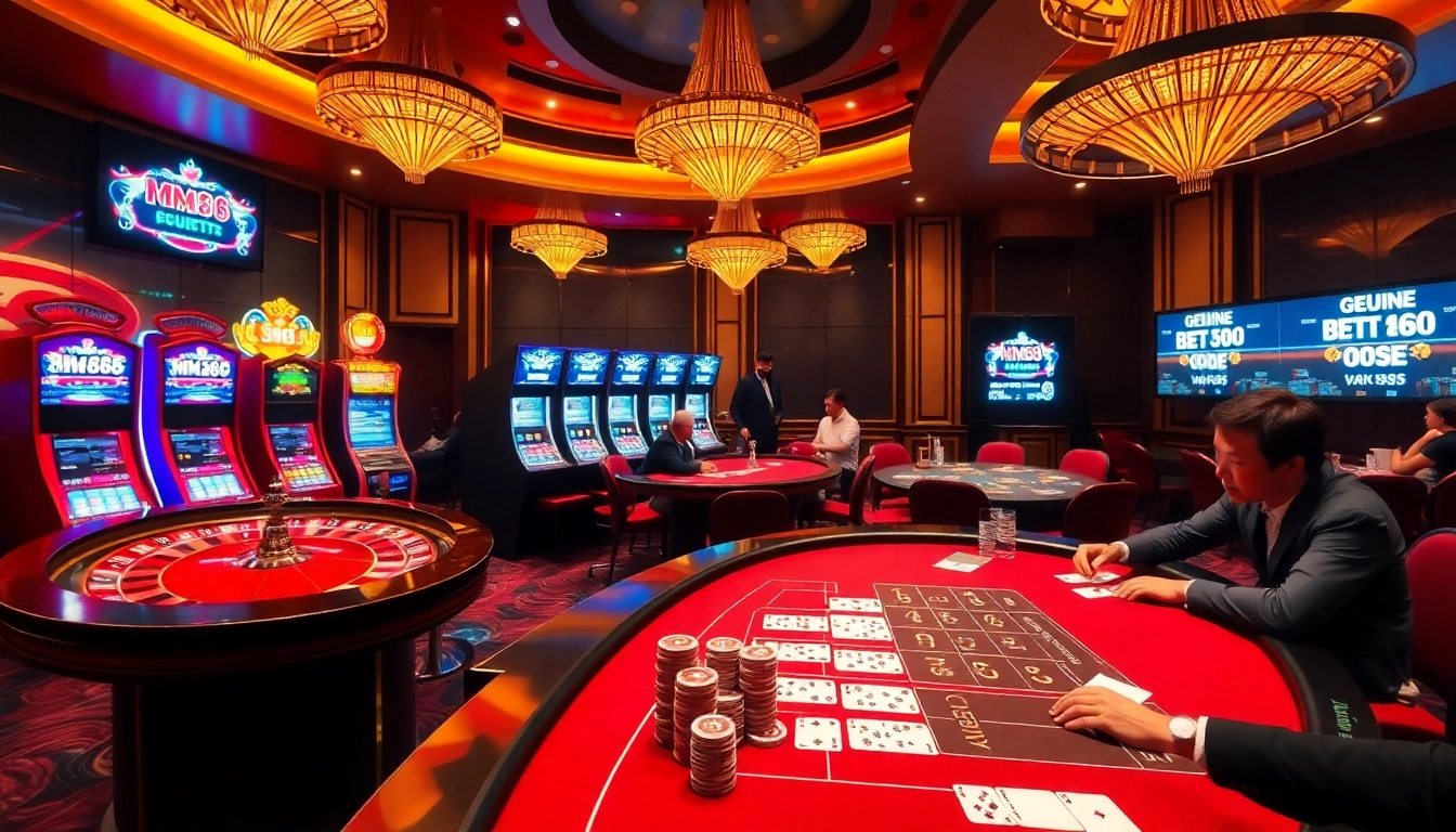 Experience the excitement of MM88 at a luxurious casino with vibrant slot machines and lively gaming tables.
