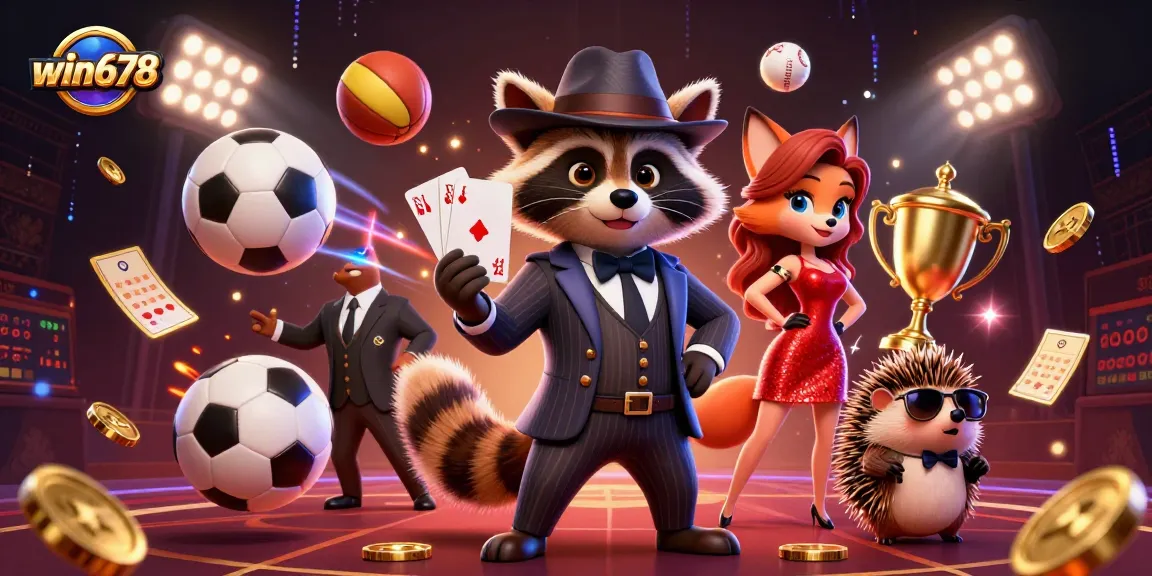 win678 brings excitement with a raccoon showing a royal flush alongside a glamorous fox lady in a lively casino scene.
