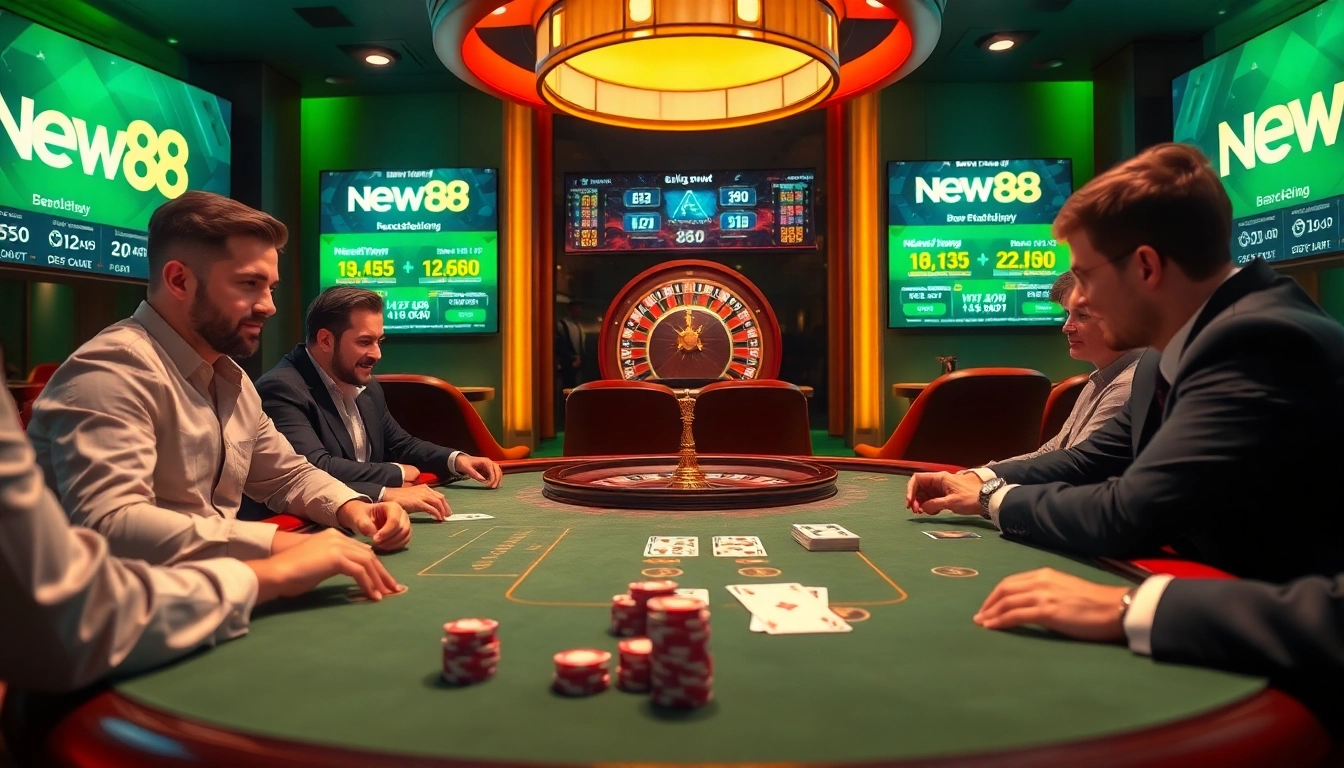 Players enjoying a thrilling poker game at NEW88 casino with vibrant atmosphere and rich colors.