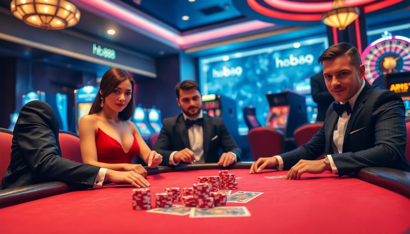 Players engaged in a high-stakes poker game at hb88 casino, surrounded by vibrant poker chips and cards.