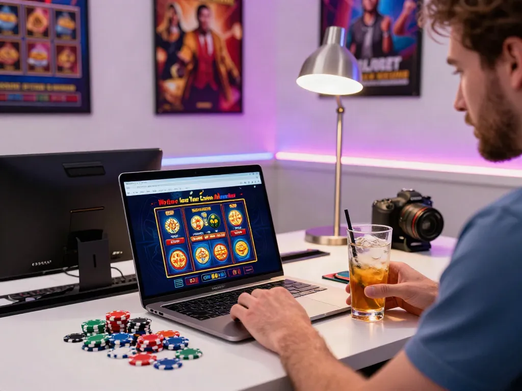 Casino not on GamStop gaming setup with colorful slots and enthusiastic player.