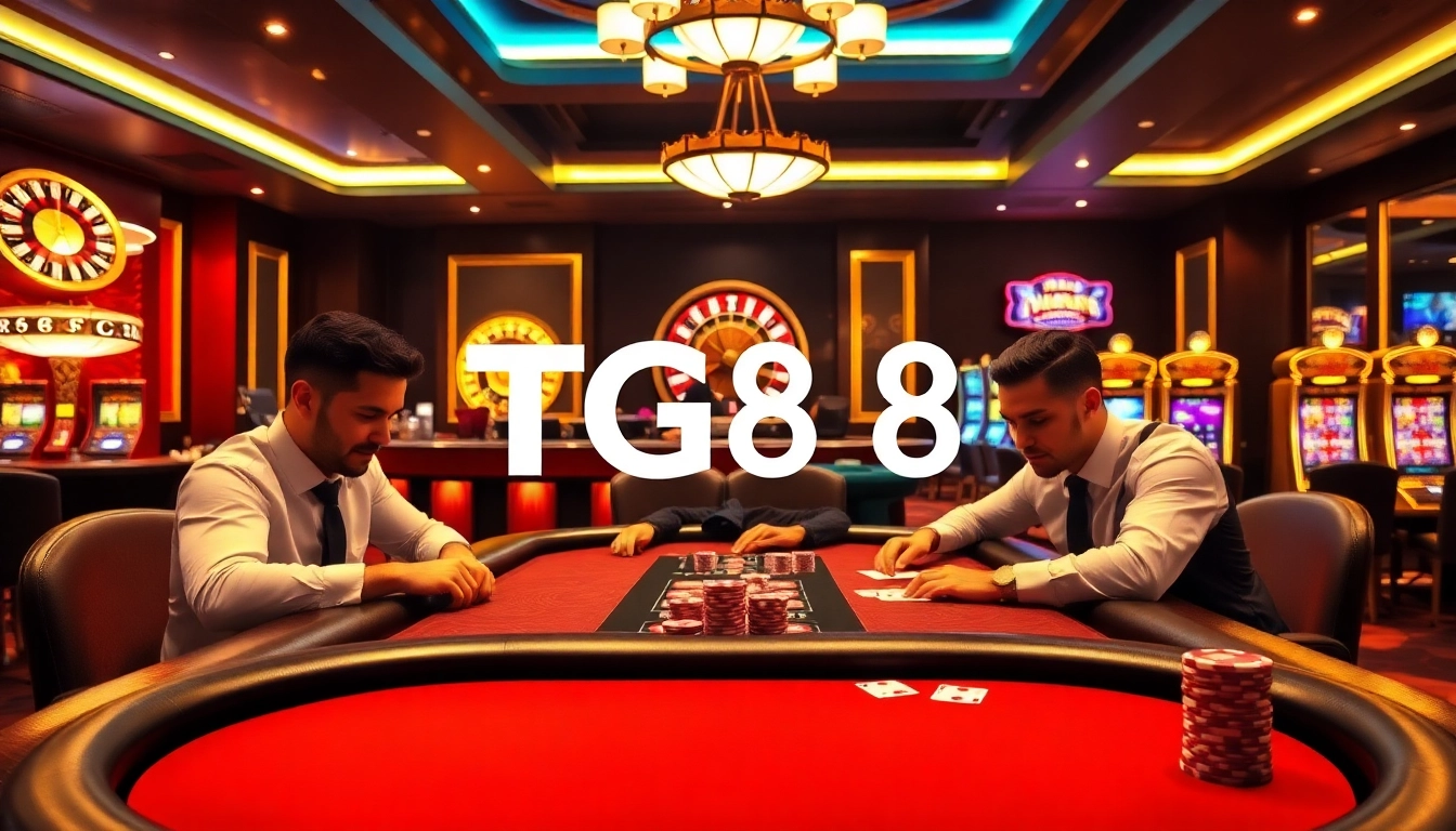 Play exciting poker at TG88's luxurious casino with vibrant table settings and professional players.