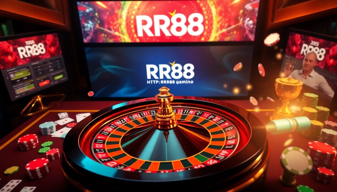 Engage with high-stakes excitement at RR88's vibrant casino scene featuring a spinning roulette wheel.