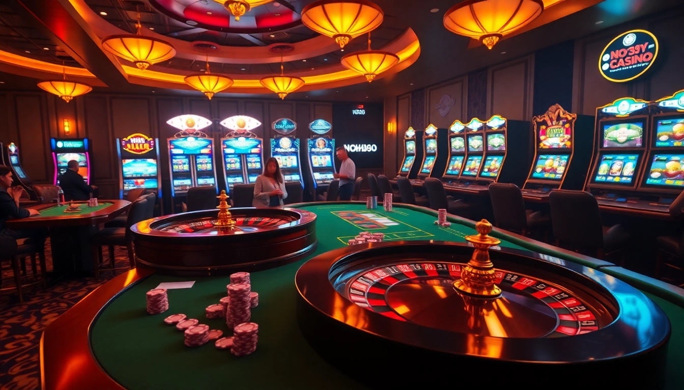 Experience the thrill of winning at NOHU90 casino with vibrant gaming tables and excited players.