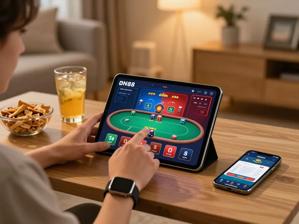 Engaged player using dn88 for online poker at home with cozy setup.
