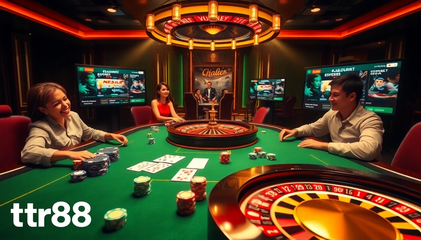 Players enjoy high-stakes poker at TR88, surrounded by casino elements and esports betting.