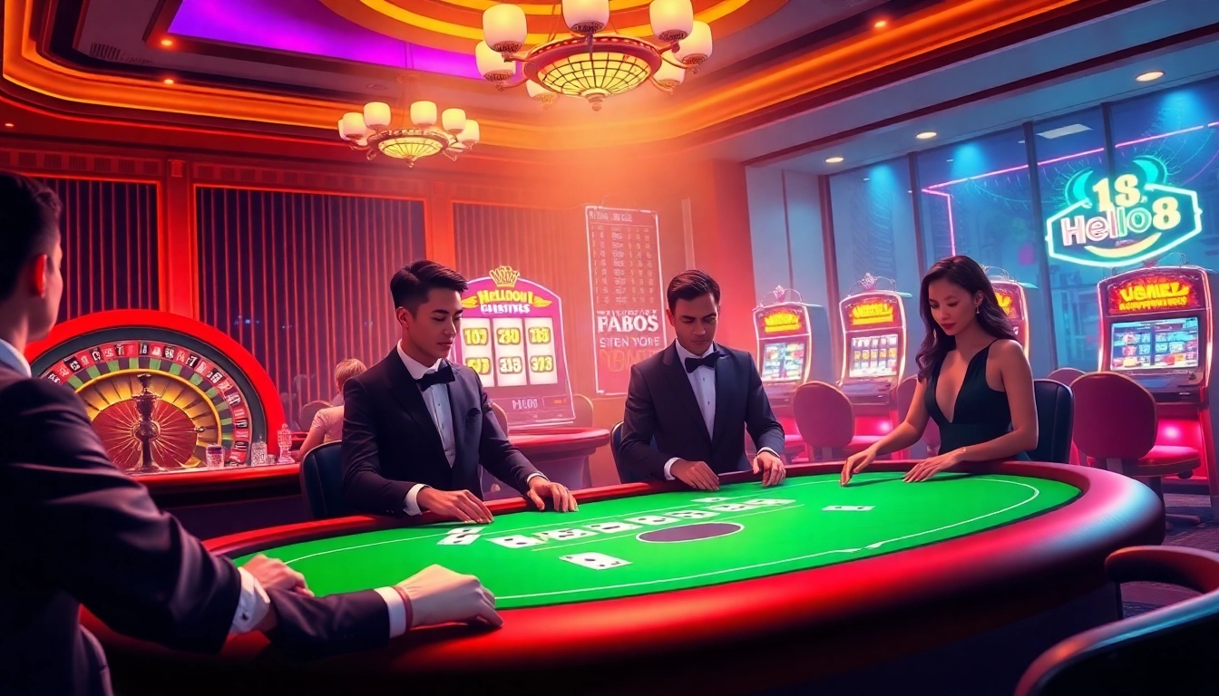 Hello88 offers an exciting gambling experience with engaged players at a luxurious casino poker table.