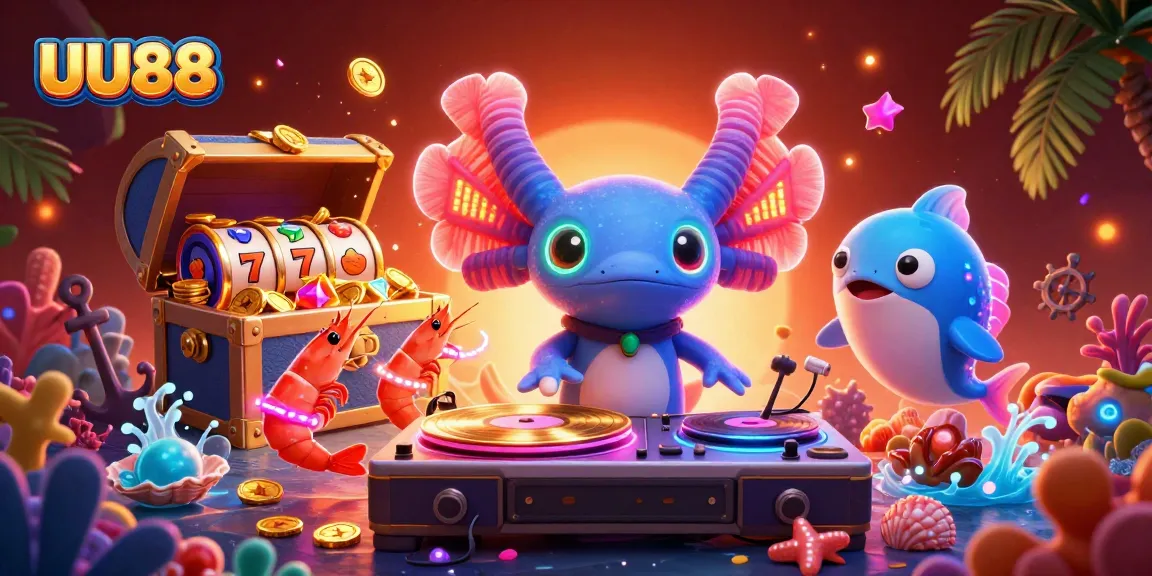 Experience vibrant gameplay at UU88 with a neon axolotl DJ and rich casino elements.