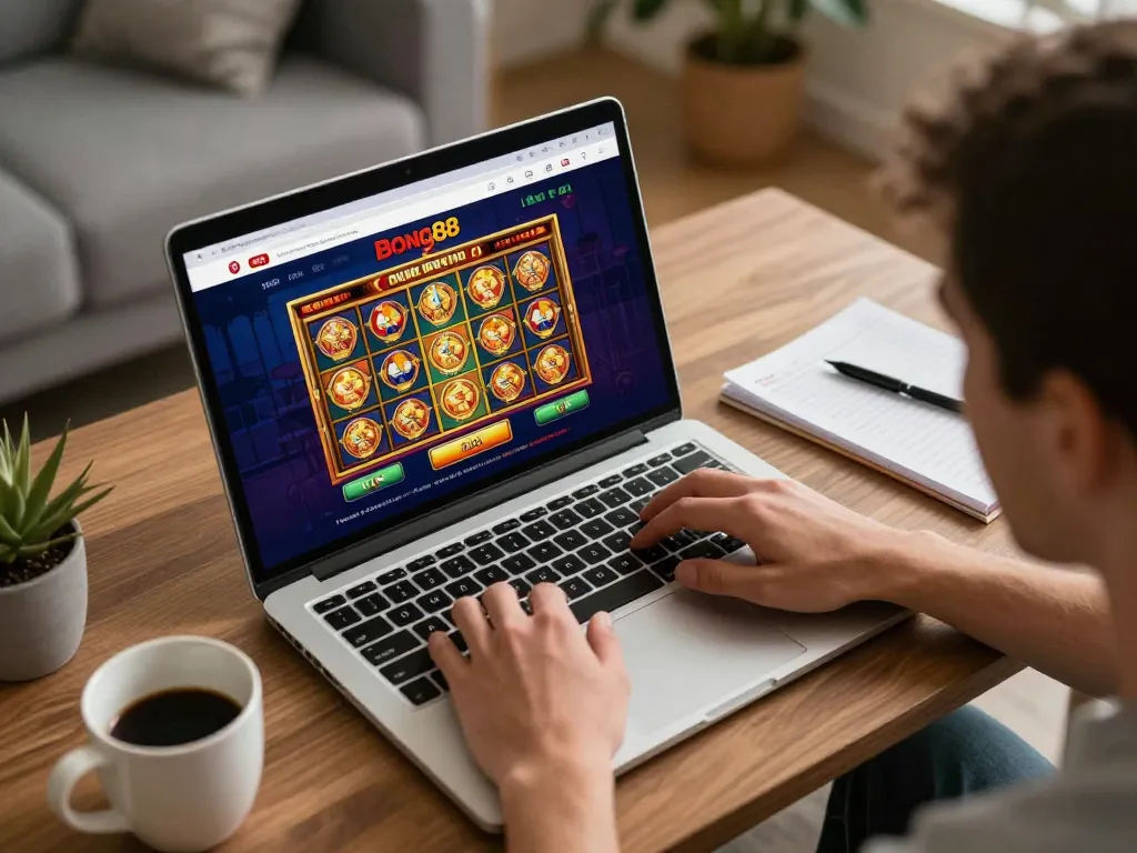 Bong88 player enjoying slot games on a laptop at home, surrounded by cozy decor and strategy notes.