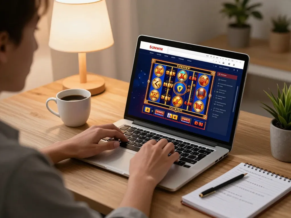 Sunwin online casino gaming setup showcasing vibrant slot games on laptop