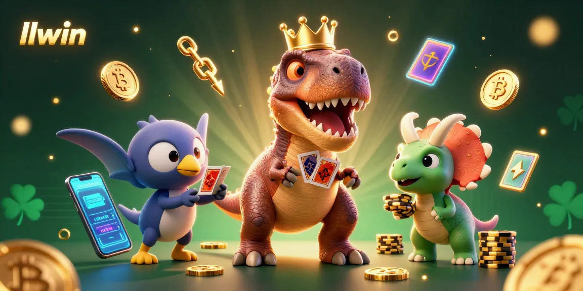 Experience fun with llwin as a friendly T-Rex plays cards in a vibrant casino scene.