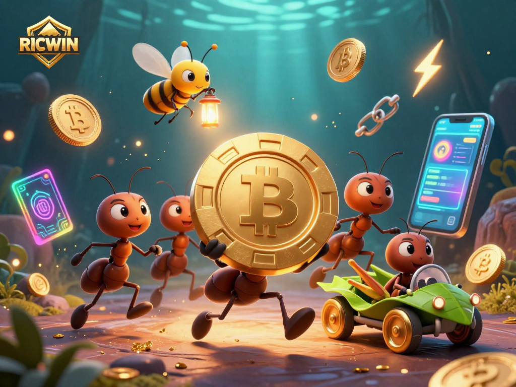 Experience the thrill of RICWIN with a heist led by ants carrying golden poker chips amidst crypto chaos.