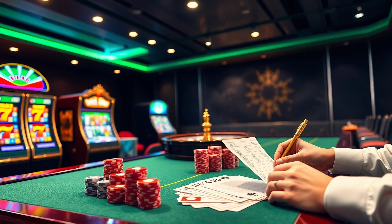 A vibrant casino scene featuring Vin88's online gaming, showcasing slot machines, poker chips, and live betting.