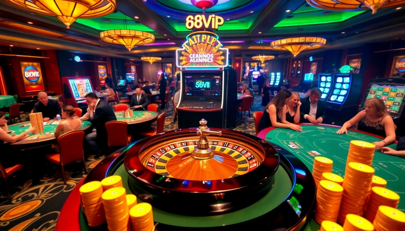 Players engaging excitedly at the 68VIP casino, showcasing poker chips and a roulette wheel.