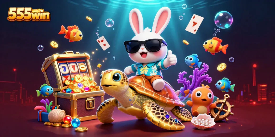 Experience the thrill of 555win with vibrant slot games and colorful characters in a dynamic illustration.