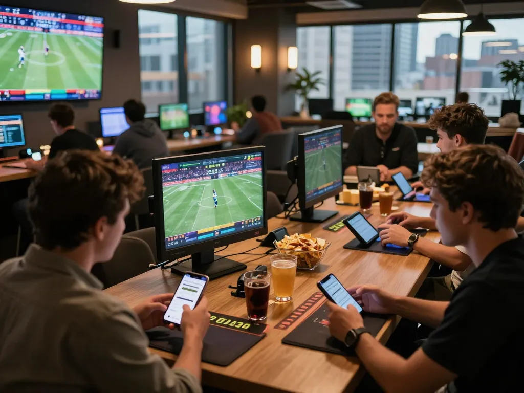 Exciting sports betting scene shows tỷ lệ kèo nhà cái displayed on multiple screens with participants engaging in dynamic betting activities