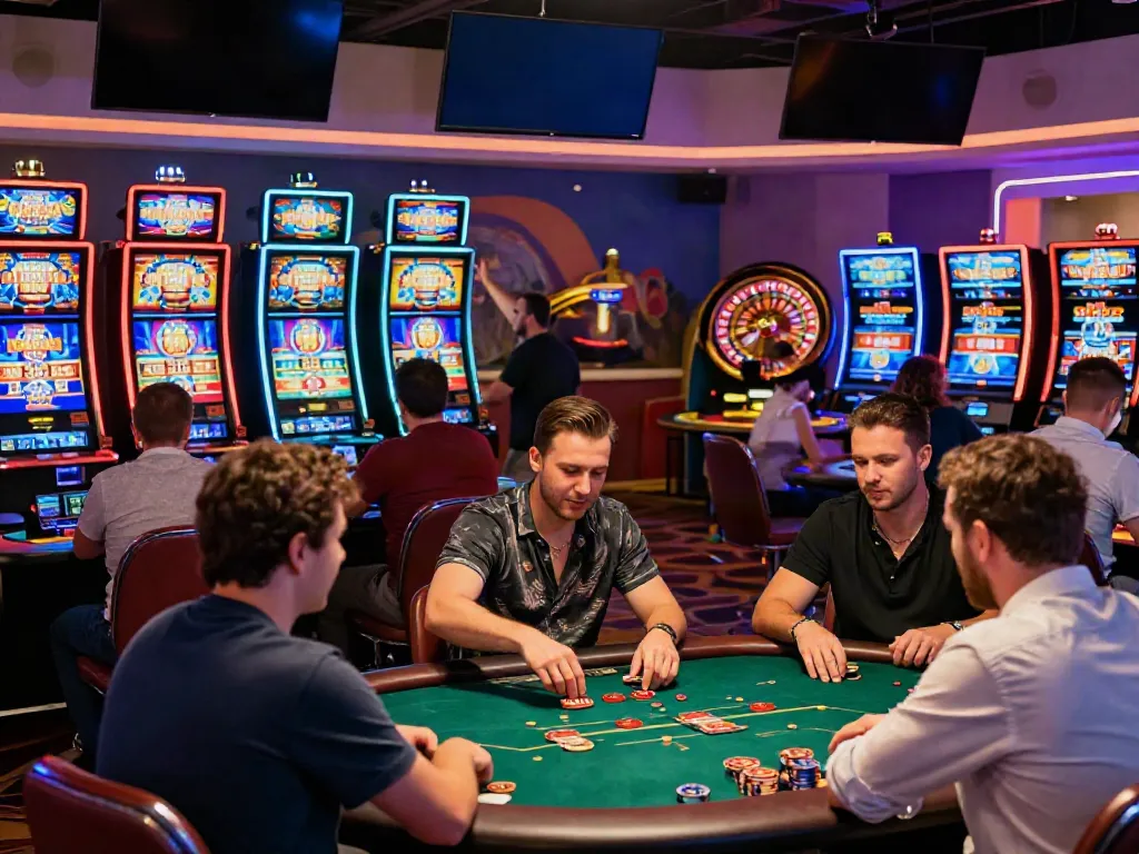 Engaging scene of players at a vibrant casino not on GamStop, showcasing table games, slot machines, and a roulette wheel.