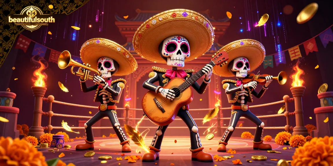Engage with beautifulsouth's vibrant Dia de los Muertos casino scene featuring mariachi musicians and rich gaming elements.
