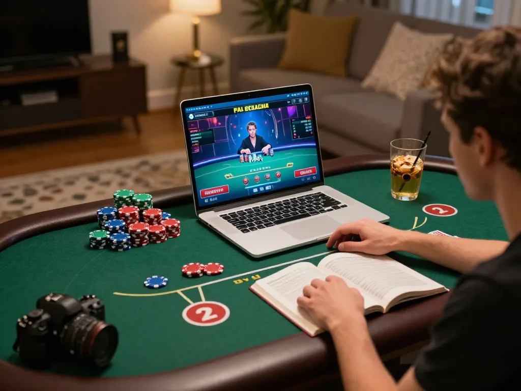 Luck8 player engaged in a high-stakes online poker game with strategy books and chips present