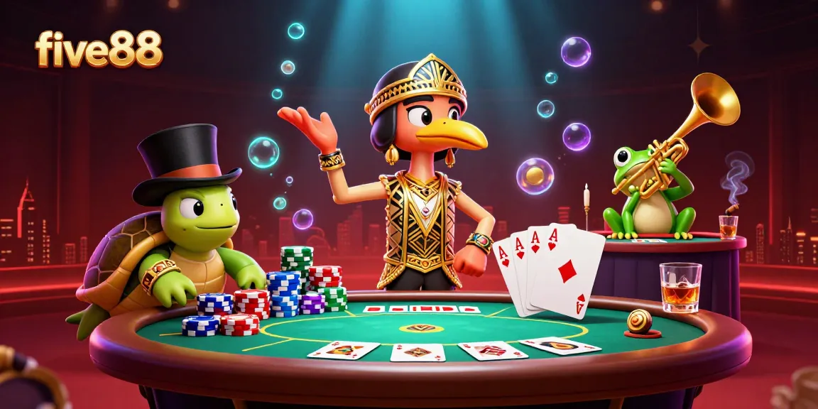 Engage with five88's vibrant casino scene featuring poker tables, colorful chips, and lively characters.