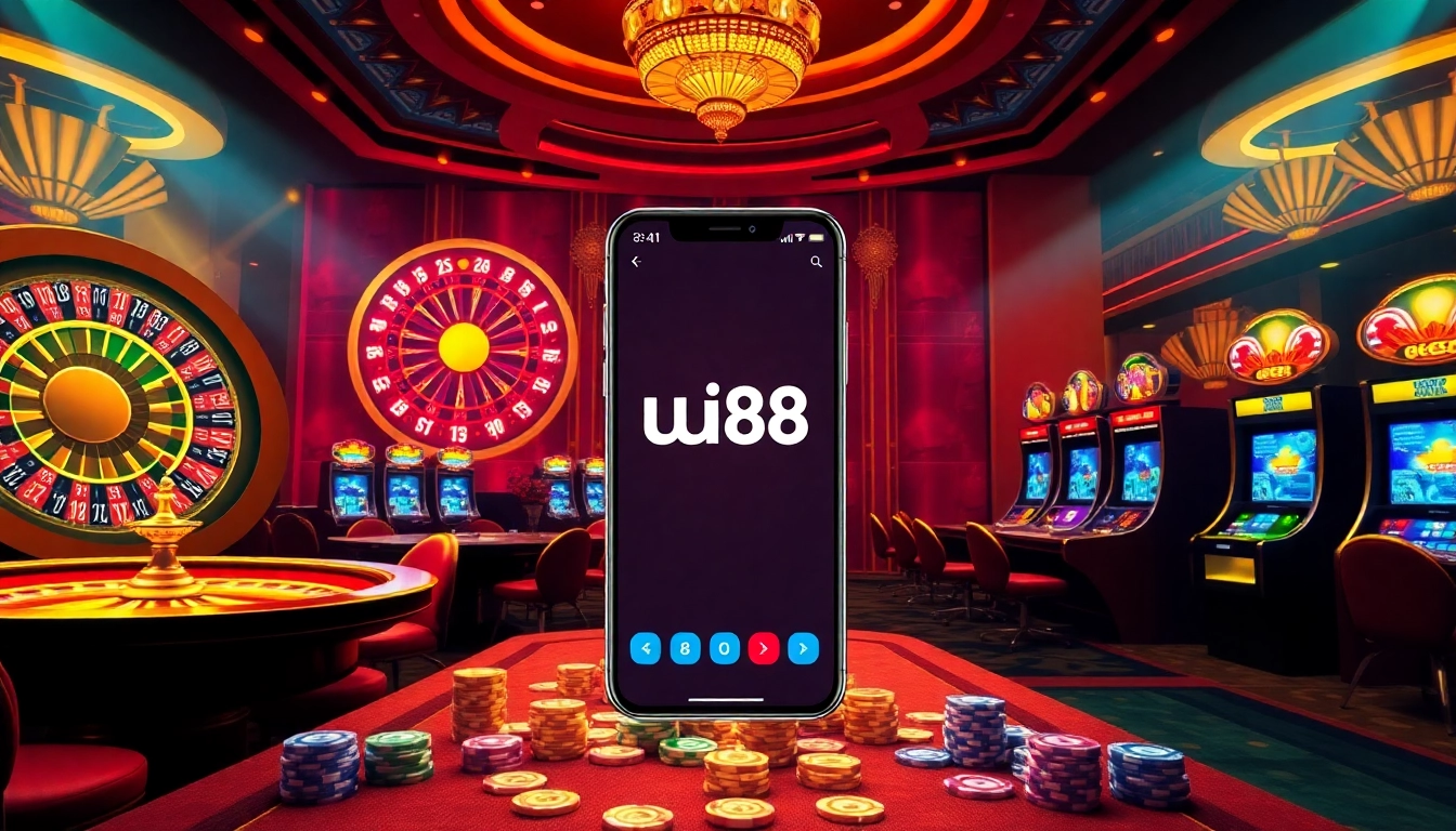 Engaging scene of uu88 online gambling with roulette, poker tables, and mobile interface.