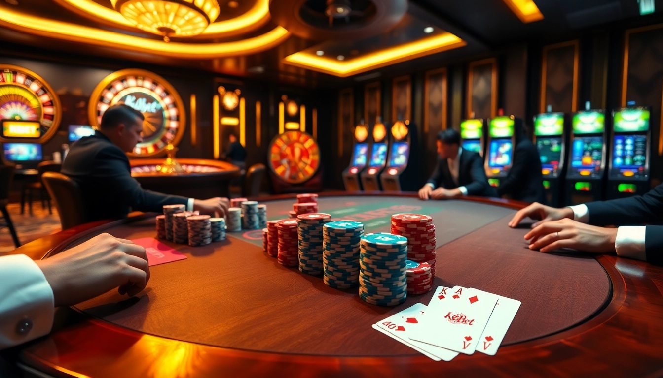 Kbbet players enjoying a thrilling high-stakes poker game in a luxurious casino atmosphere.