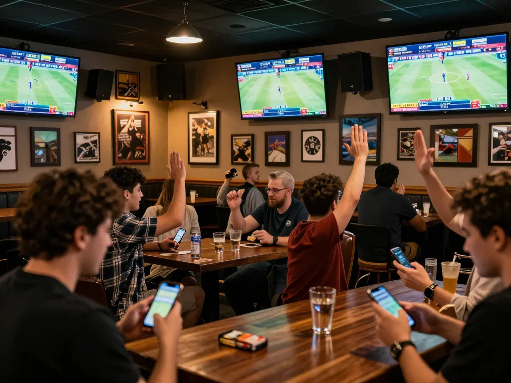 Engaging sports betting at https://9bet.works/, customers cheering while placing live bets.