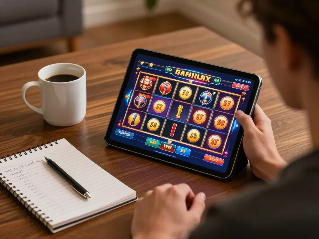 Win678 player engaging with online casino slots interface on tablet at home