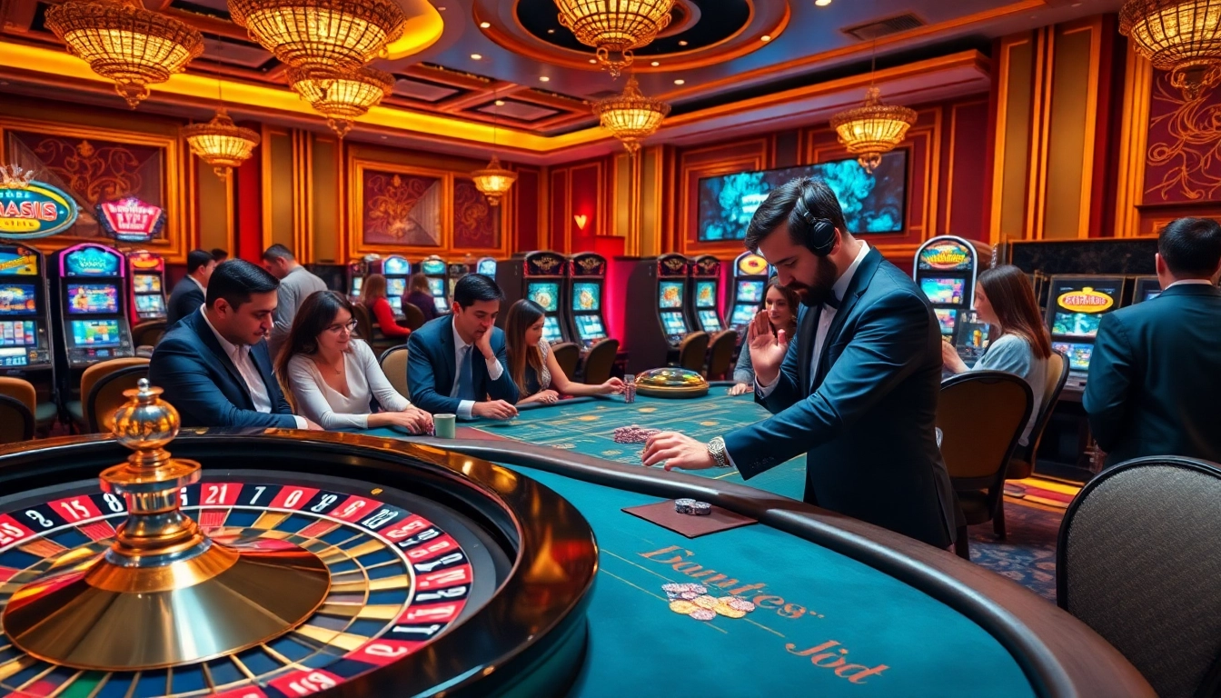 Daga-themed luxury casino scene with a roulette wheel, poker table, and vibrant slot machines.