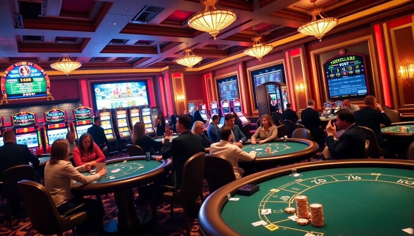 Players enjoying high-stakes games at 789WIN casino with vibrant slot machines and poker tables.