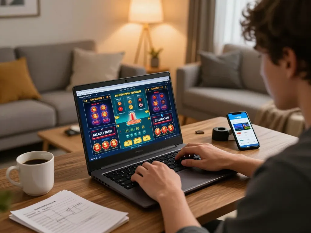 Player engaging with HELLO88 casino games on a laptop in a cozy home atmosphere.