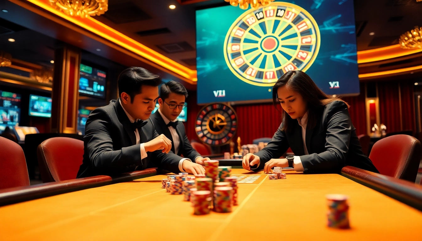 Exciting casino atmosphere showcasing tỷ lệ nhà cái with professional players at a gaming table.