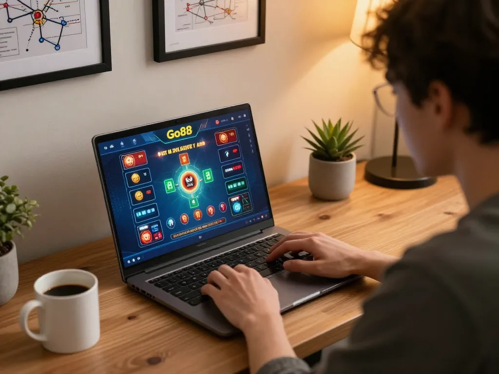 Engaging scene of a player using Go88 online casino platform on a laptop with vibrant graphics, emphasizing strategy.