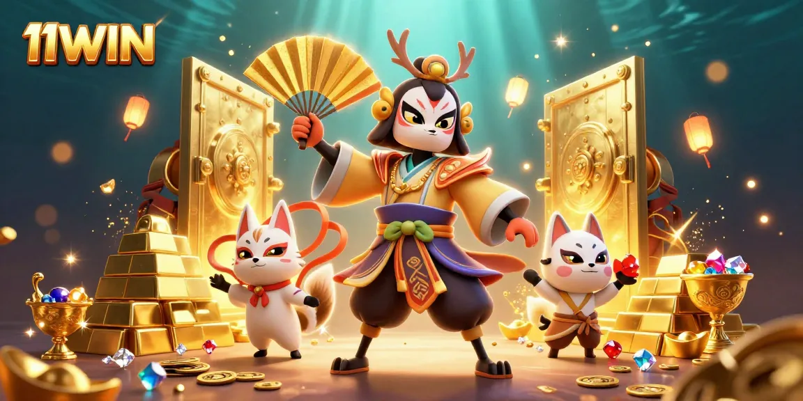 Engage with thrilling 11WIN casino action amidst a vibrant 3D treasure-filled scene.