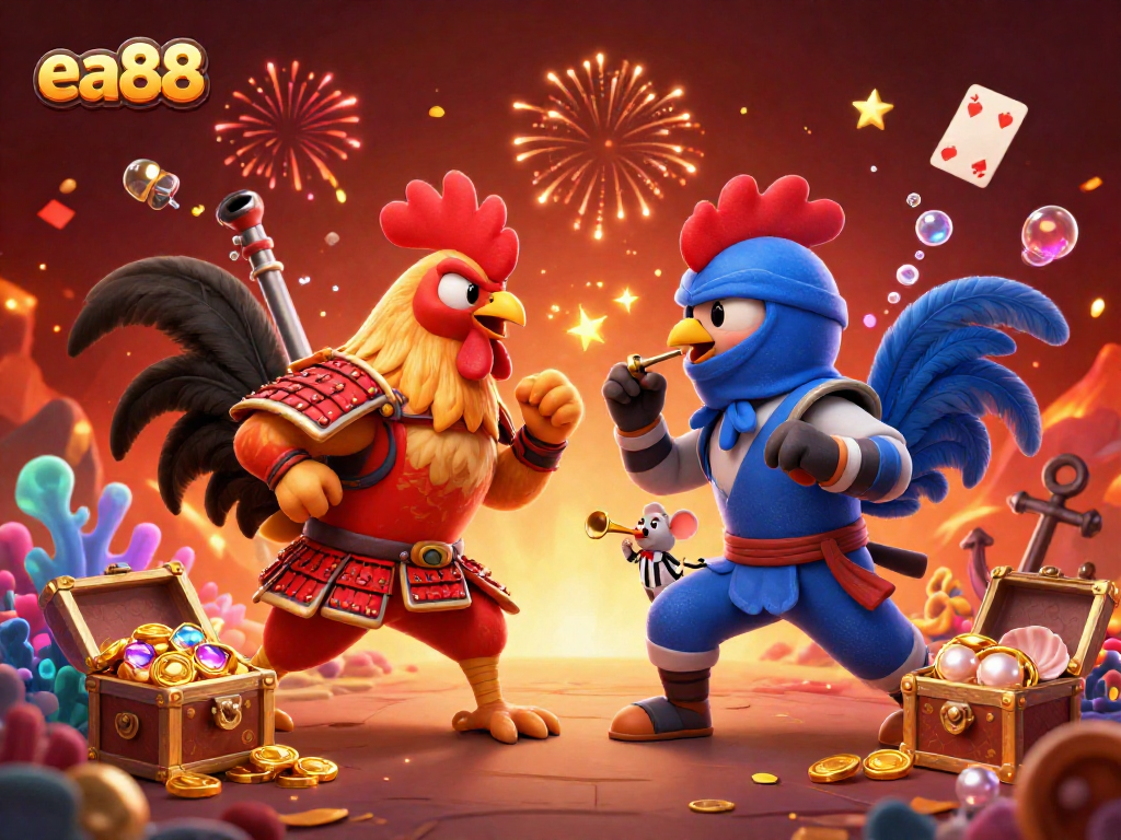 ea88 engages players in an energetic standoff featuring twin cartoon fighting roosters with dynamic casino elements.