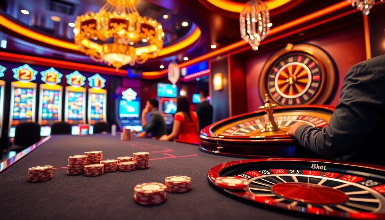Winning with 8kbet at a bustling casino table filled with poker chips and vibrant slot machines.