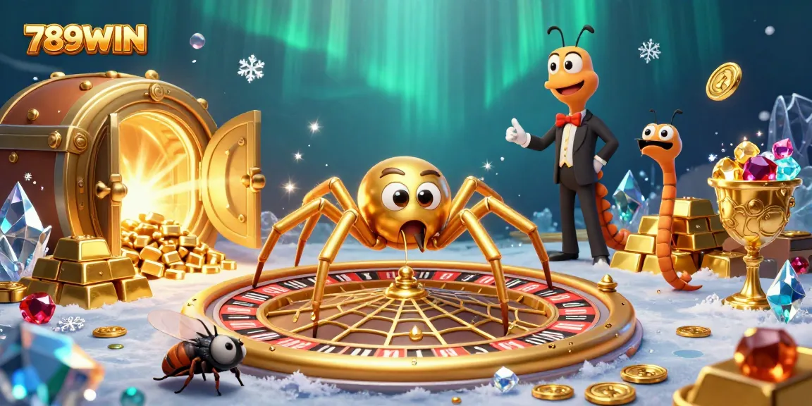 Betting on excitement at 789WIN with a dynamic scene showcasing a golden spider spinning roulette, and treasure galore.