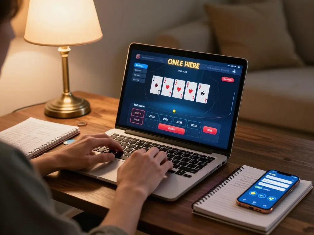 Engaging online casino gameplay at Sky88 with poker cards and strategy notes visible.